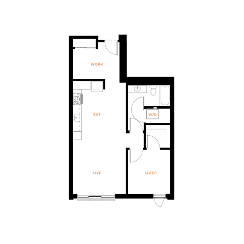 Floor plan for 1 bed, 1 bath, 779 sqft